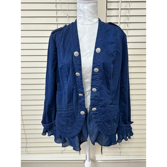Chico's Jackets & Blazers - Chico's Military Jacket Women 1 Navy Blue Ruffle Hem Silver Crest Button Blazer